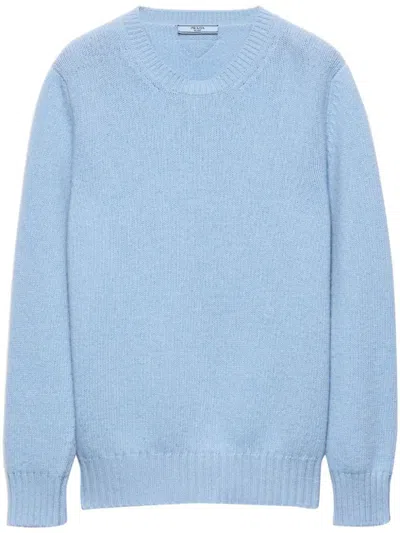 Prada Ribbed Wool Knit Sweater With Crew Neck In Clear Blue