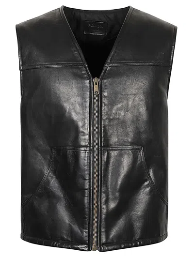 Prada Sleeveless V-neck Leather Vest With Raised Stitching In Black