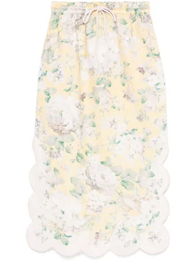 Zimmermann Acacia Scalloped Floral-print Linen Midi Skirt In Yellow
