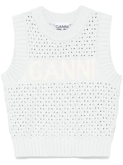 Ganni Textured Organic Cotton Blend Sweater Vest In Clear Blue
