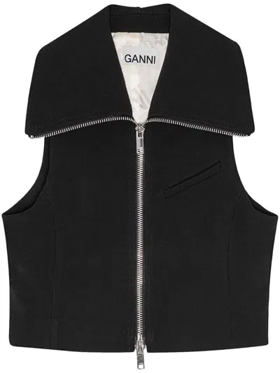 Ganni Zippered Peplum Vest Flared Cuffs In Black