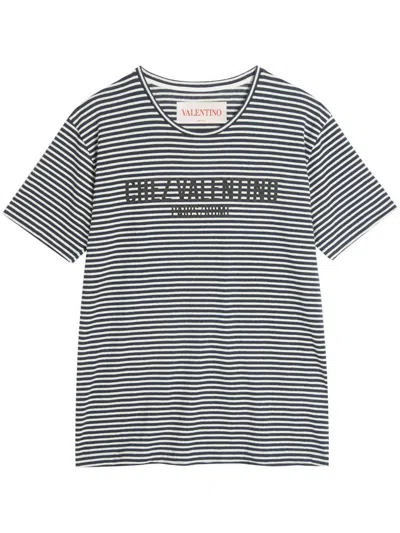 Valentino White Roundneck Striped T-shirt In Blue