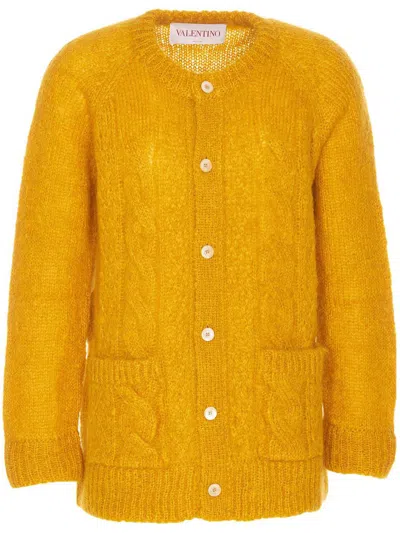 Valentino Mens Patch-pocket Mohair-blend Cable Knit Cardigan Ocra In Orange