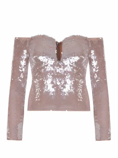 Self-portrait Sequin Off-the-shoulder Top In Beige