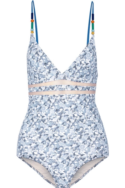 Stella Mccartney Beaded Mesh-trimmed Printed Swimsuit In Light Blue