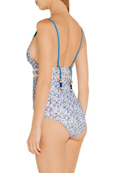 Shop Stella Mccartney Beaded Mesh-trimmed Printed Swimsuit