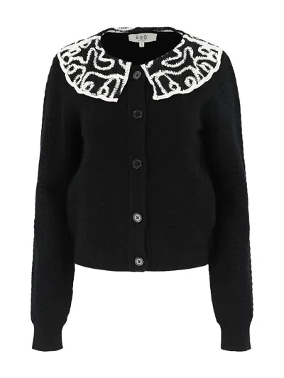 Sea Alice Embroidery Battenberg Cardigan In Black