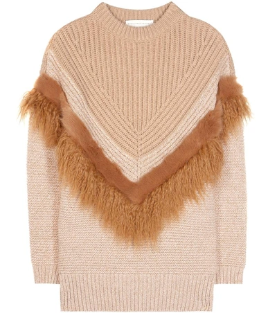 Stella Mccartney Knitted Wool And Faux Fur Sweater In Caramel