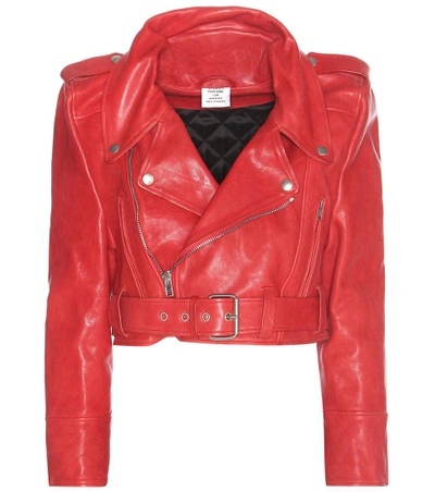 Vetements Cropped Leather Biker Jacket In Red
