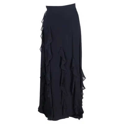 Max Mara Serafin Frilled Long Skirt In Navy Blue Silk In Blue