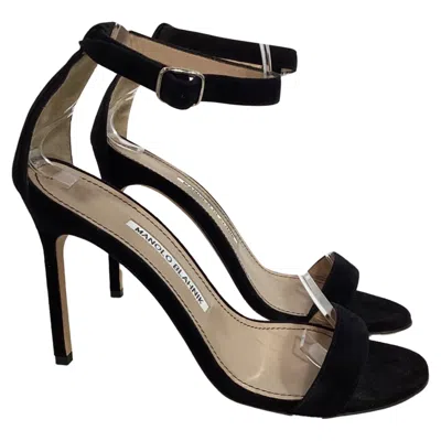 MANOLO BLAHNIK CHAOS ANKLE-STRAP HIGH-HEEL SANDALS IN BLACK SUEDE 