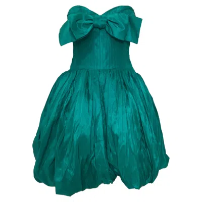 Oscar De La Renta Strapless Bow Embellished Taffeta Mini Dress In Turquoise Silk In Blue