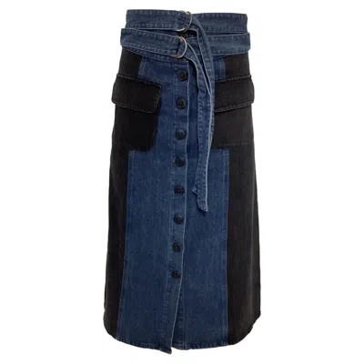 Sea New York Double-belted Midi Skirt In Blue And Black Cotton Denim In Blue