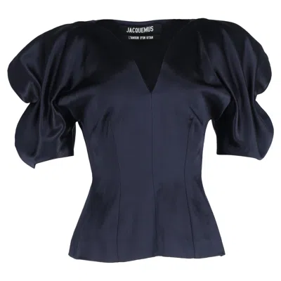 Jacquemus Puffed Sleeve V-neck Blouse In Navy Blue Satin In Blue