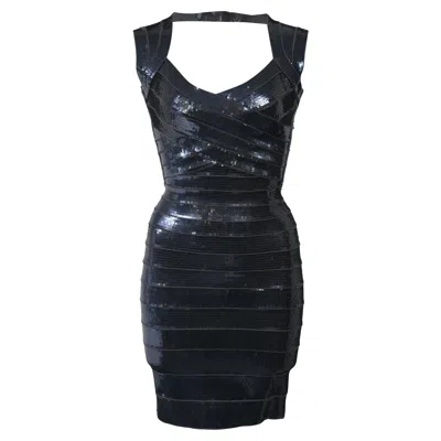 Herve Leger Sequined Mini Bodycon Dress In Navy Blue Rayon In Blue