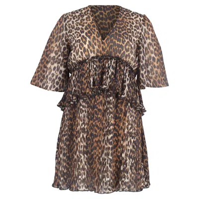 Ganni Almond Milk Pleated Georgette V-neck Flounce Mini Dress In Animal Print Recycled Polyester In Multi