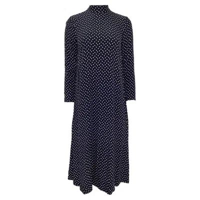 Ganni Heart Printed Midi Long Sleeve Dress In Navy Blue Viscose In Blue