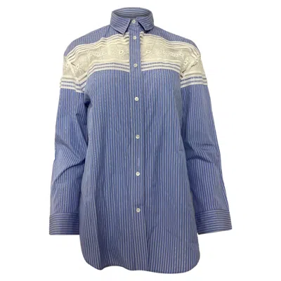Sandro Striped Shirt With Lace Inset In Light Blue Cotton In Blue