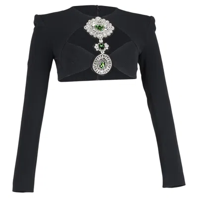 DAVID KOMA JEWEL-EMBELLISHED LONG SLEEVE CROP TOP IN BLACK ACETATE 