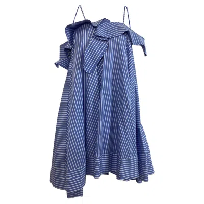 Msgm Striped Asymmetrical Mini Off-shoulder Dress In Blue Cotton In Blue
