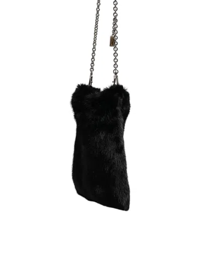 Dolce & Gabbana Black Faux Fur Silver Chain Crossbody Shoulder Purse Women's Bag In Black | Silver