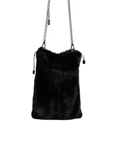 Dolce & Gabbana Black Faux Fur Silver Chain Crossbody Shoulder Purse Women's Bag In Black | Silver