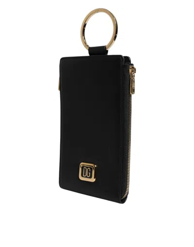 Dolce & Gabbana Black Leather Dg Logo Gold Zip Card Holder Men Wallet In Black
