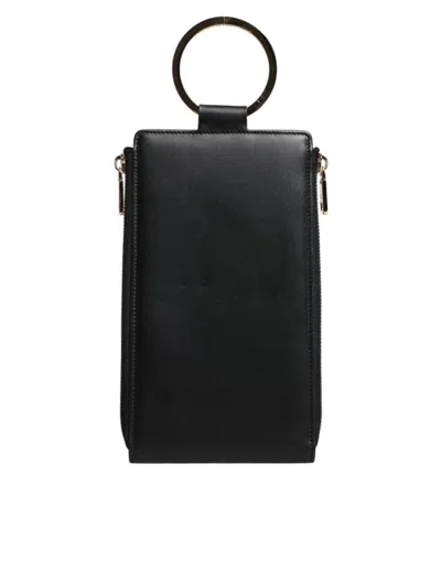 Dolce & Gabbana Black Leather Dg Logo Gold Zip Card Holder Men Wallet In Black