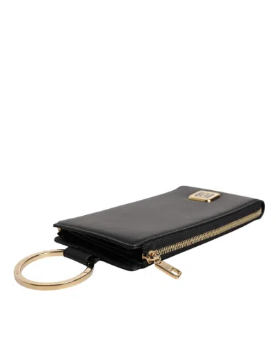 Dolce & Gabbana Black Leather Dg Logo Gold Zip Card Holder Men Wallet In Black