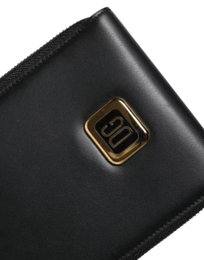 Dolce & Gabbana Black Leather Dg Logo Gold Zip Card Holder Men Wallet In Black