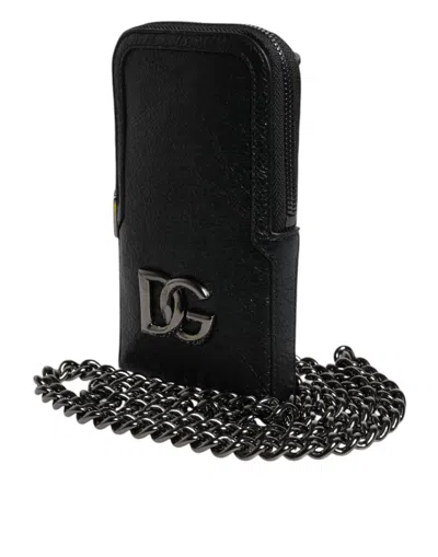 Dolce & Gabbana Black Leather Purse Crossbody Chain Sling Phone Men's Bag In Black