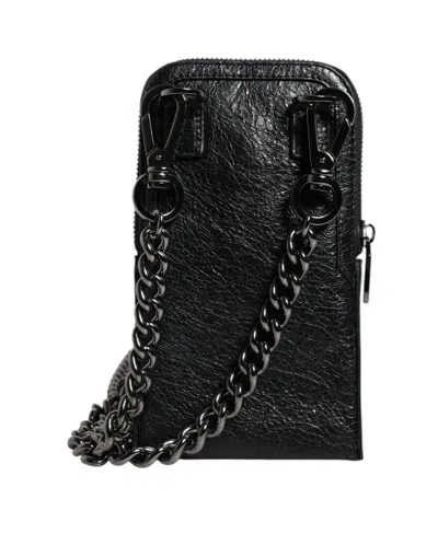 Dolce & Gabbana Black Leather Purse Crossbody Chain Sling Phone Men's Bag In Black