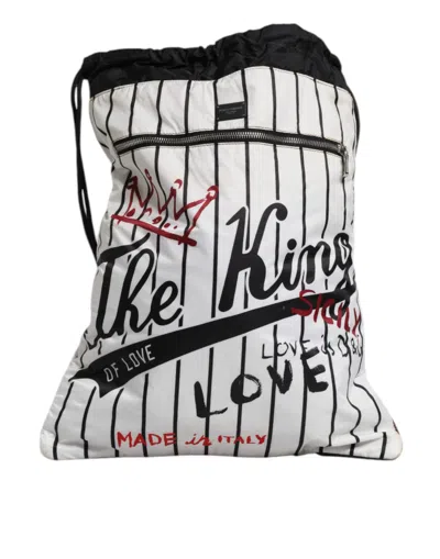 Pre-owned Dolce & Gabbana Black White Striped Polyester Drawstring Backpack Men's Bag () In Black And White