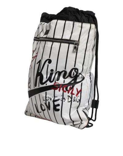 Pre-owned Dolce & Gabbana Black White Striped Polyester Drawstring Backpack Men's Bag () In Black And White