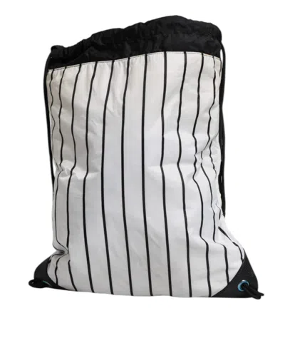Pre-owned Dolce & Gabbana Black White Striped Polyester Drawstring Backpack Men's Bag () In Black And White