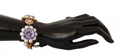 Pre-owned Dolce & Gabbana Fiori Blooming Floral Baroque Crystals Brass Women's Bracelet () In Gold