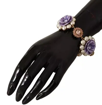 Pre-owned Dolce & Gabbana Fiori Blooming Floral Baroque Crystals Brass Women's Bracelet () In Gold