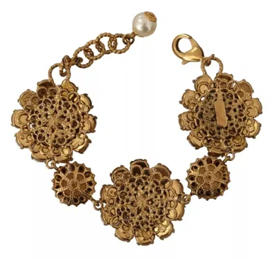 Pre-owned Dolce & Gabbana Fiori Blooming Floral Baroque Crystals Brass Women's Bracelet () In Gold
