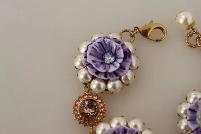 Pre-owned Dolce & Gabbana Fiori Blooming Floral Baroque Crystals Brass Women's Bracelet () In Gold