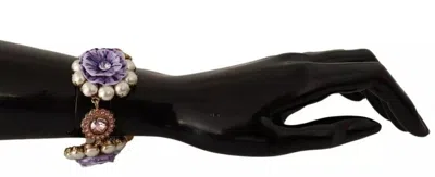 Pre-owned Dolce & Gabbana Fiori Blooming Floral Baroque Crystals Brass Women's Bracelet () In Gold