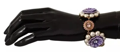 Pre-owned Dolce & Gabbana Fiori Blooming Floral Baroque Crystals Brass Women's Bracelet () In Gold