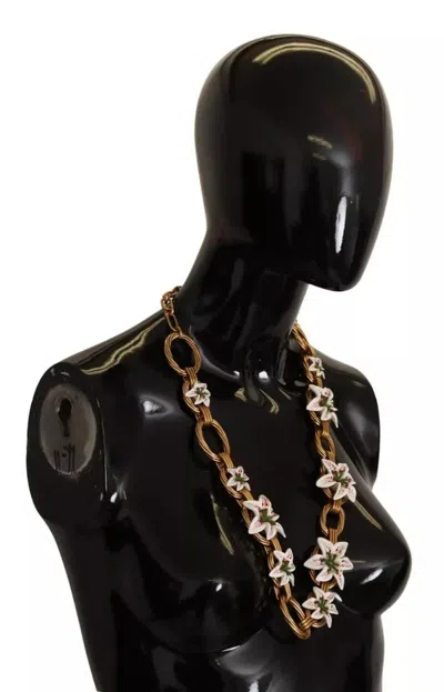 Pre-owned Dolce & Gabbana Gold Chain Lilium Floral Choker Statement Jewelry Women's Necklace ()