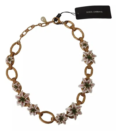 Pre-owned Dolce & Gabbana Gold Chain Lilium Floral Choker Statement Jewelry Women's Necklace ()