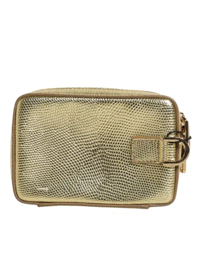 Pre-owned Dolce & Gabbana Gold Leather Dg Logo Plaque Zip Around Clutch Women's Bag ()