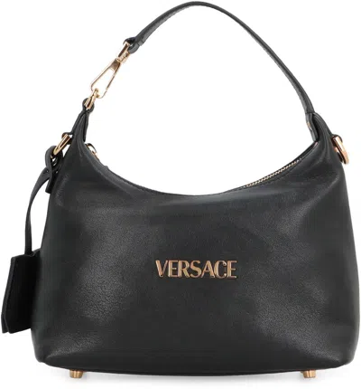Versace Tag Hobo Bag In Leather With Embossed Logo In Black