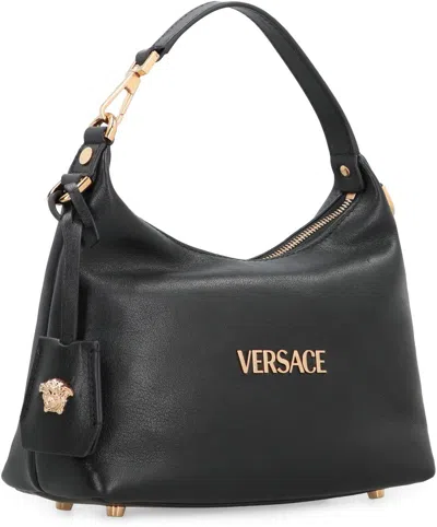 Versace Tag Hobo Bag In Leather With Embossed Logo In Black
