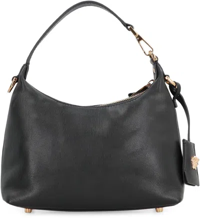 Versace Tag Hobo Bag In Leather With Embossed Logo In Black