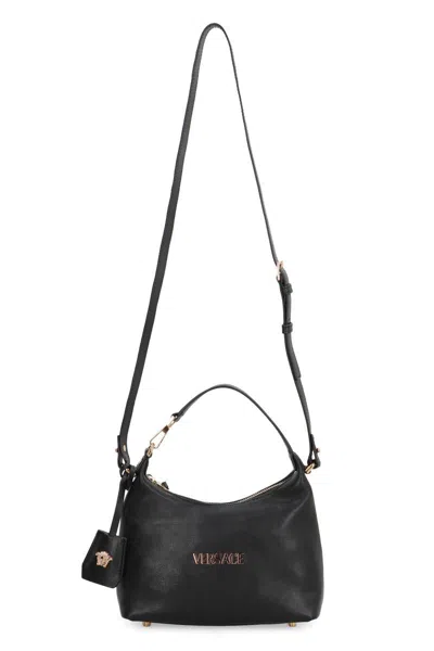 Versace Tag Hobo Bag In Leather With Embossed Logo In Black