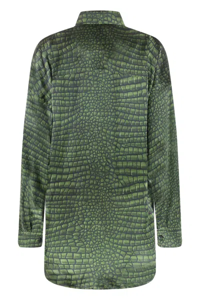 Balenciaga Crocodile Print Satin Button Down Cocoon Blouse In Green