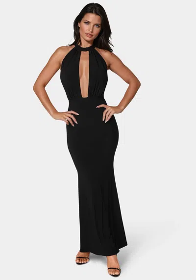 Bebe Plunge Neck Halter Floor Length Dress In Black